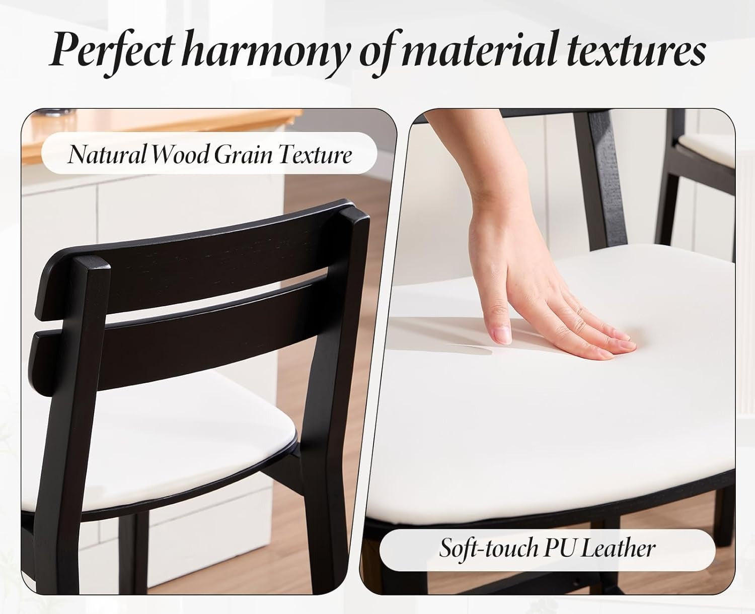 Wood Bar Stools Set of 2 Black PU Leather Vintage Counter Chairs