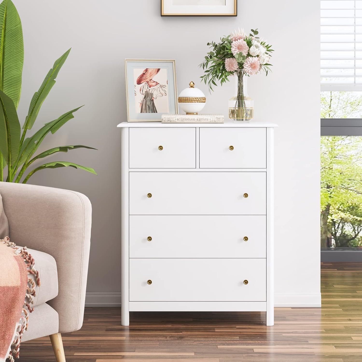 White Chest of Drawers 5 Drawer Tall Slim Storage Cabinet Bedroom Unit