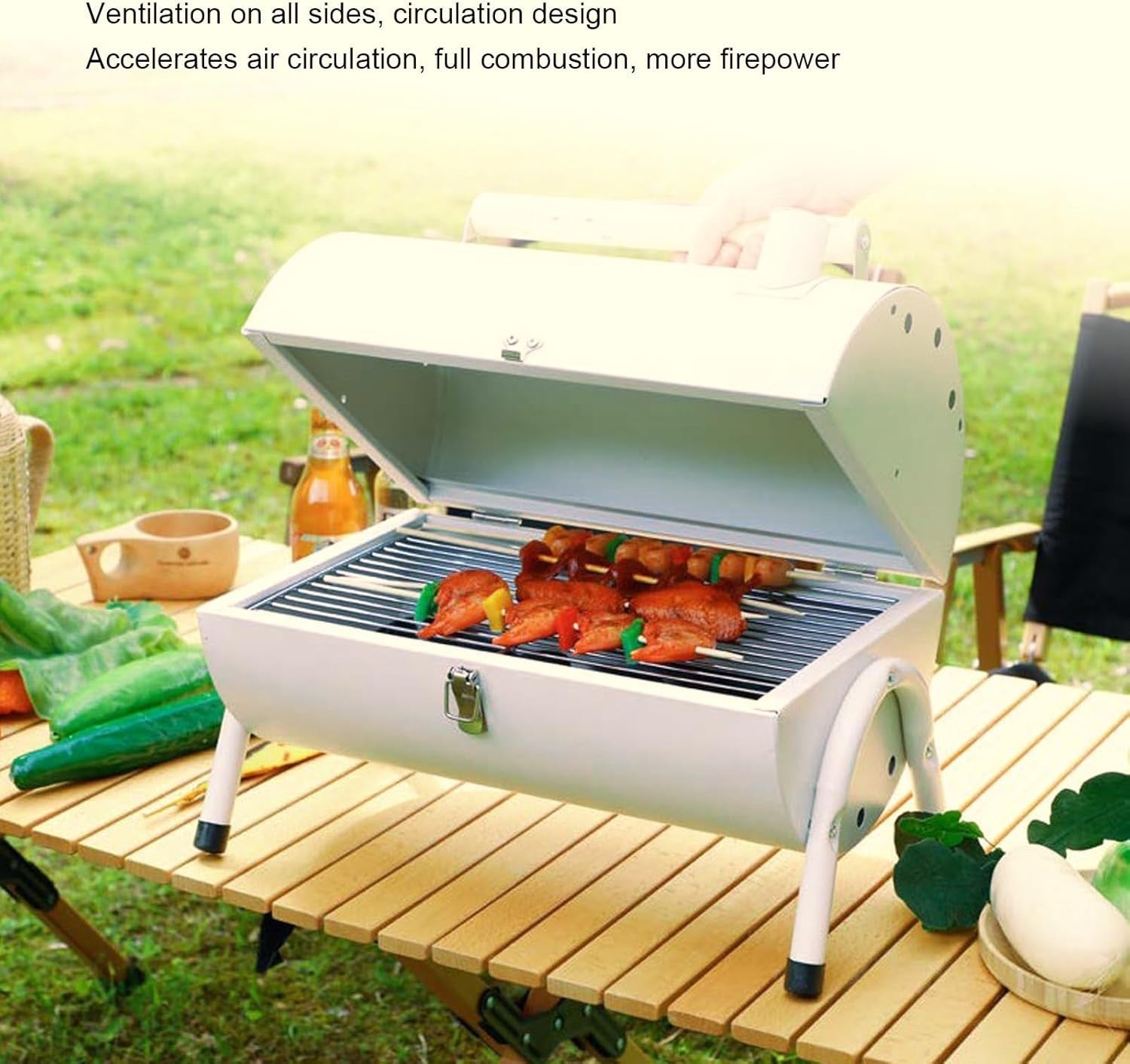 Portable Barrel Charcoal BBQ Grill with Chimney Vent, Folding Legs