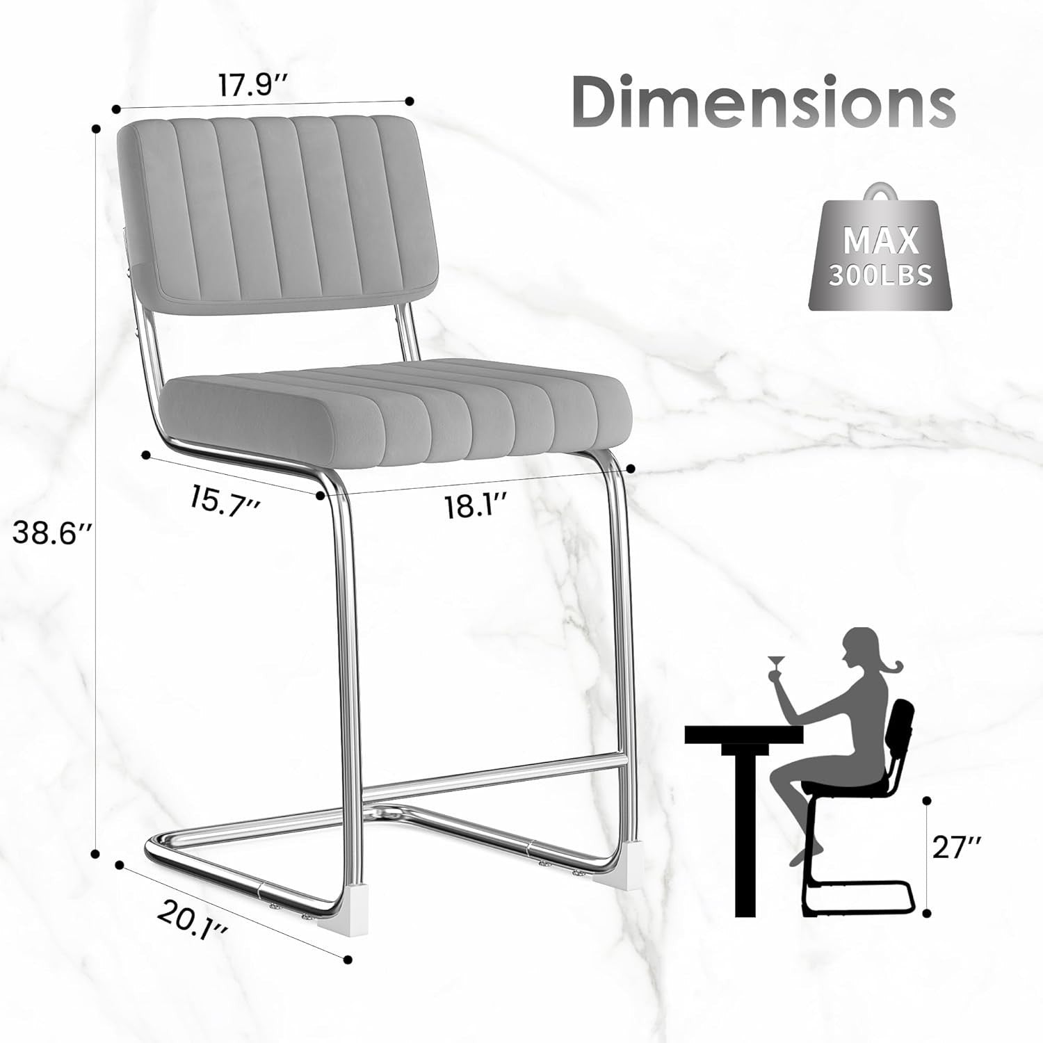 Grey Faux Leather Bar Stools Set of 2 Rectangular Metal Counter Chairs