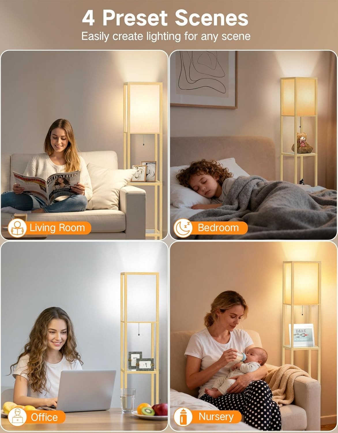 Floor Lamp with Shelves LED Adjustable Colour Standing Storage Light Wood