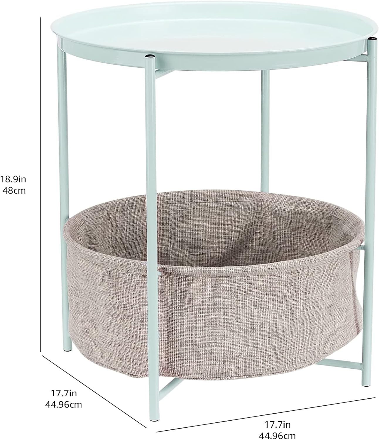 Round Storage End Table Green with Fabric Bin 45x45x48cm Modern