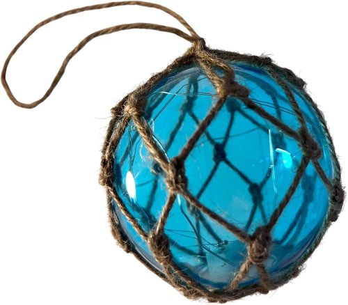 Turquoise Glass Fishing Buoy Light LED Nautical Decor Hanging Rope Beach Lamp