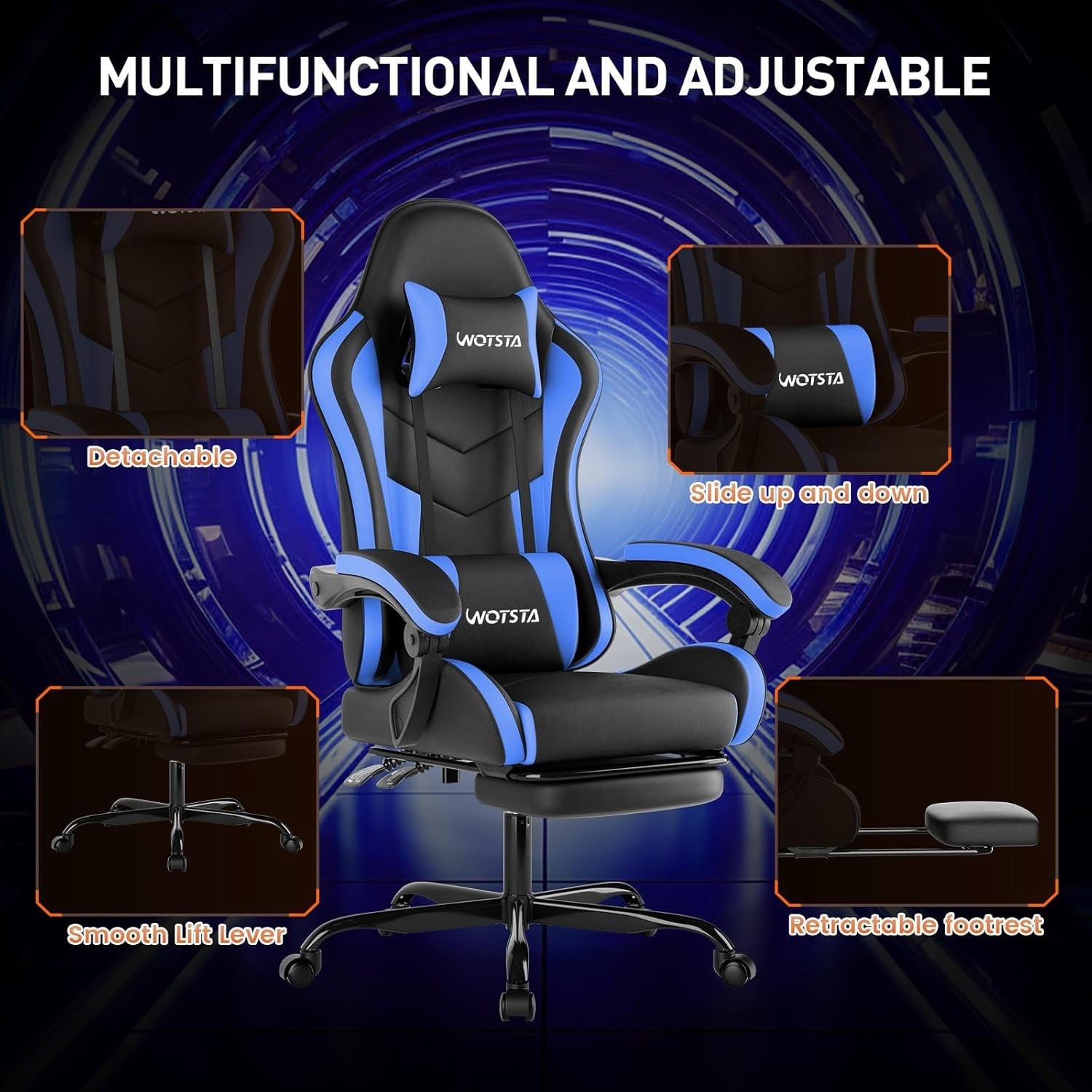 Ergonomic Gaming Chair with Footrest & Lumbar Support – Black Blue PC Seat