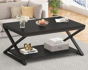 Modern Black Coffee Table with Storage Shelf | 2-Tier Rectangle Center Table