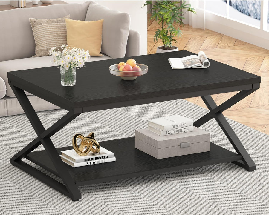 Modern Black Coffee Table with Storage Shelf | 2-Tier Rectangle Center Table