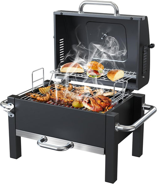 Portable Charcoal BBQ Grill with Warming Rack & Thermometer | Foldable Tabletop