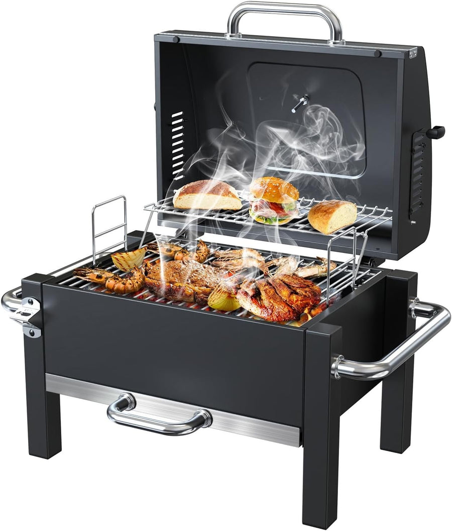 Portable Charcoal BBQ Grill with Warming Rack & Thermometer | Foldable Tabletop