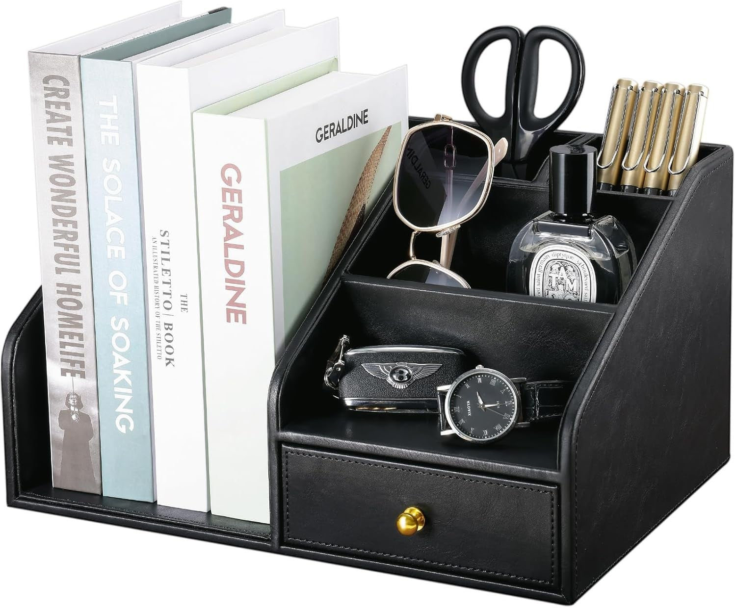 Black PU Leather Desk Organizer with A4 Magazine Rack & Pen Holder