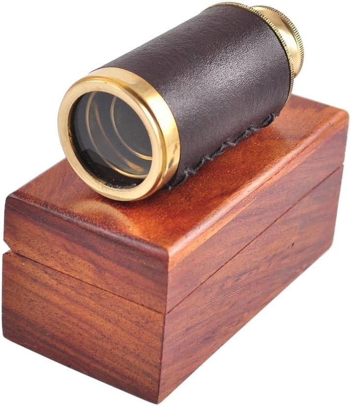 6" Brass Handheld Spyglass Telescope with Wooden Box Collectible