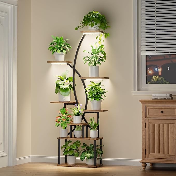 8 Tier Tall Metal Plant Stand with Grow Lights, Indoor Corner Shelf for Living