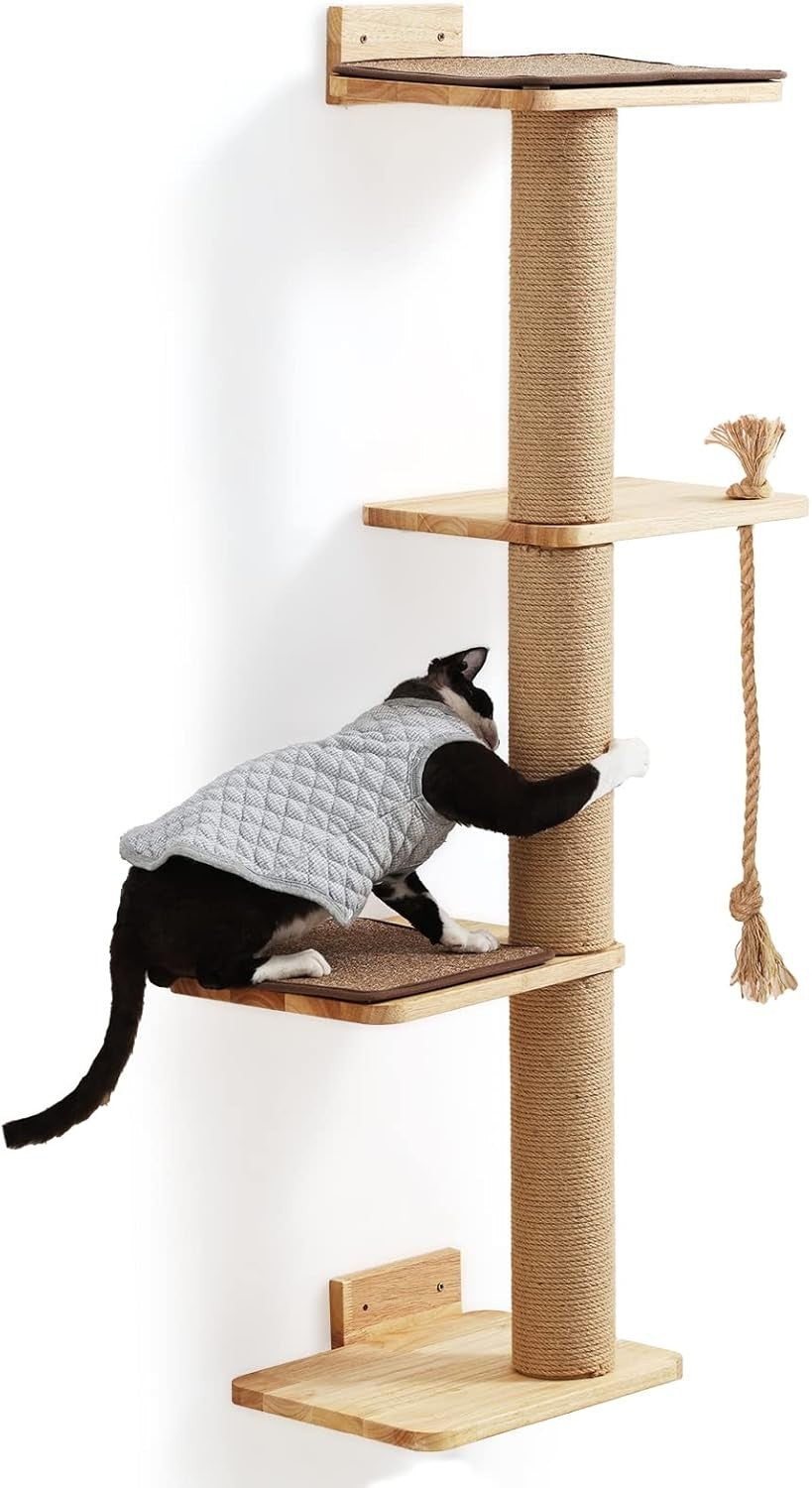 Wall Mounted Cat Scratching Tree 125cm Jute Post Platform Natural Wood
