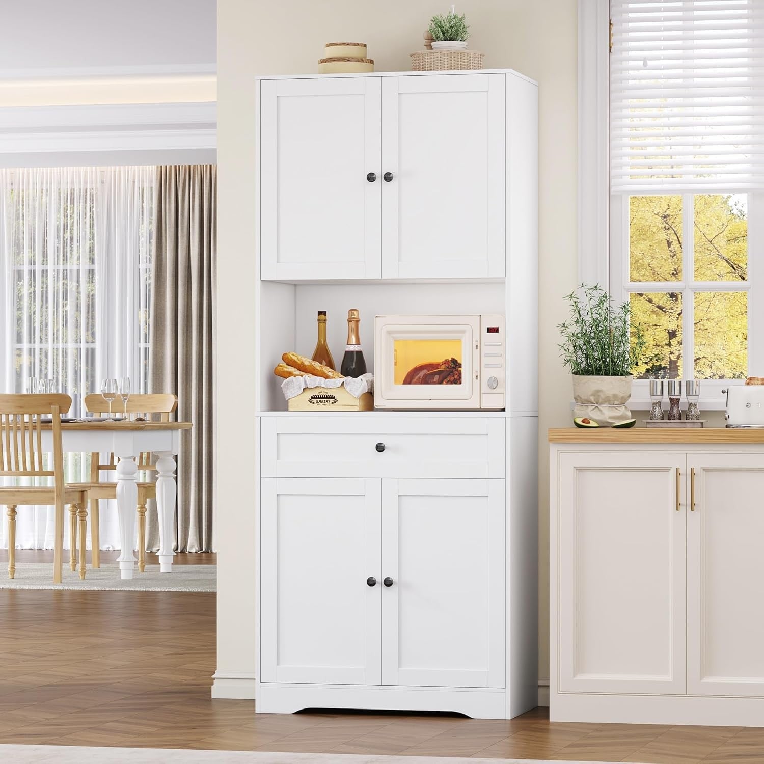 White Tall Kitchen Cabinet Cupboard with Countertop & Adjustable Shelves