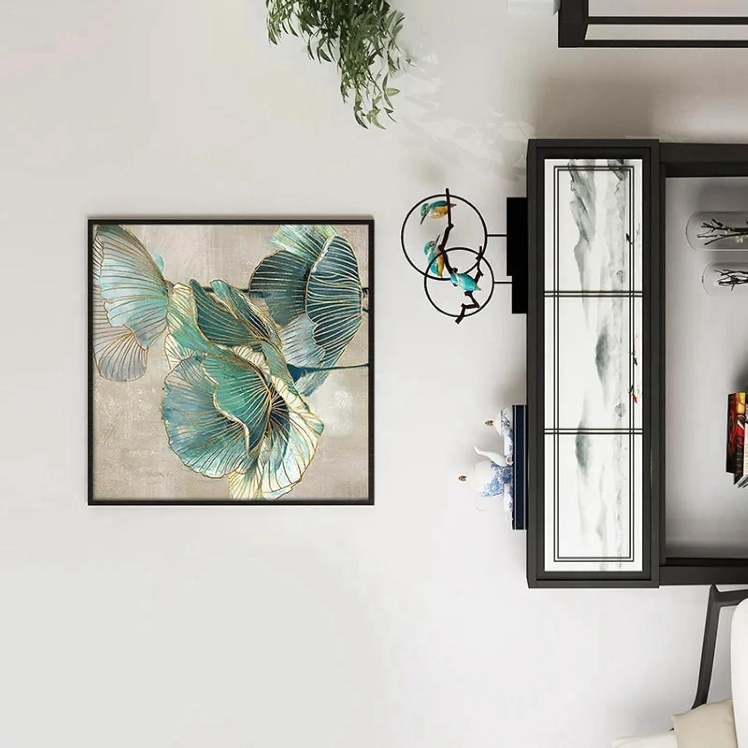 2Pcs Emerald Green & Gold Flower Canvas – Modern Frameless Wall Art 60x60cm