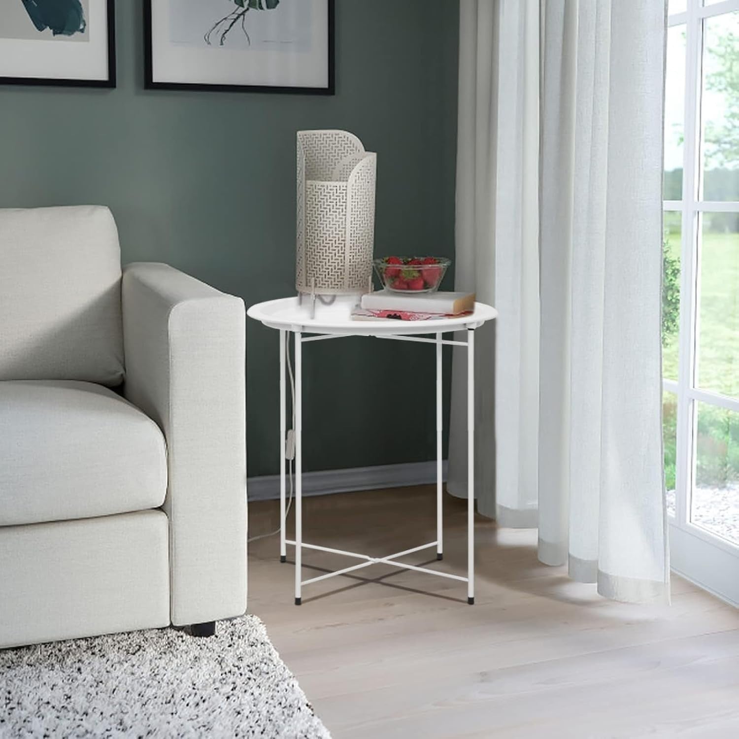 Round Tray Side Table with Removable Tray – 47x50cm Metal End Table