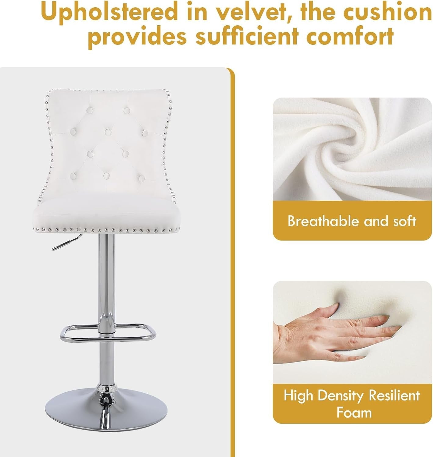 Velvet Bar Stools Set of 2 White Cream Chrome Legs Adjustable Swivel Chairs
