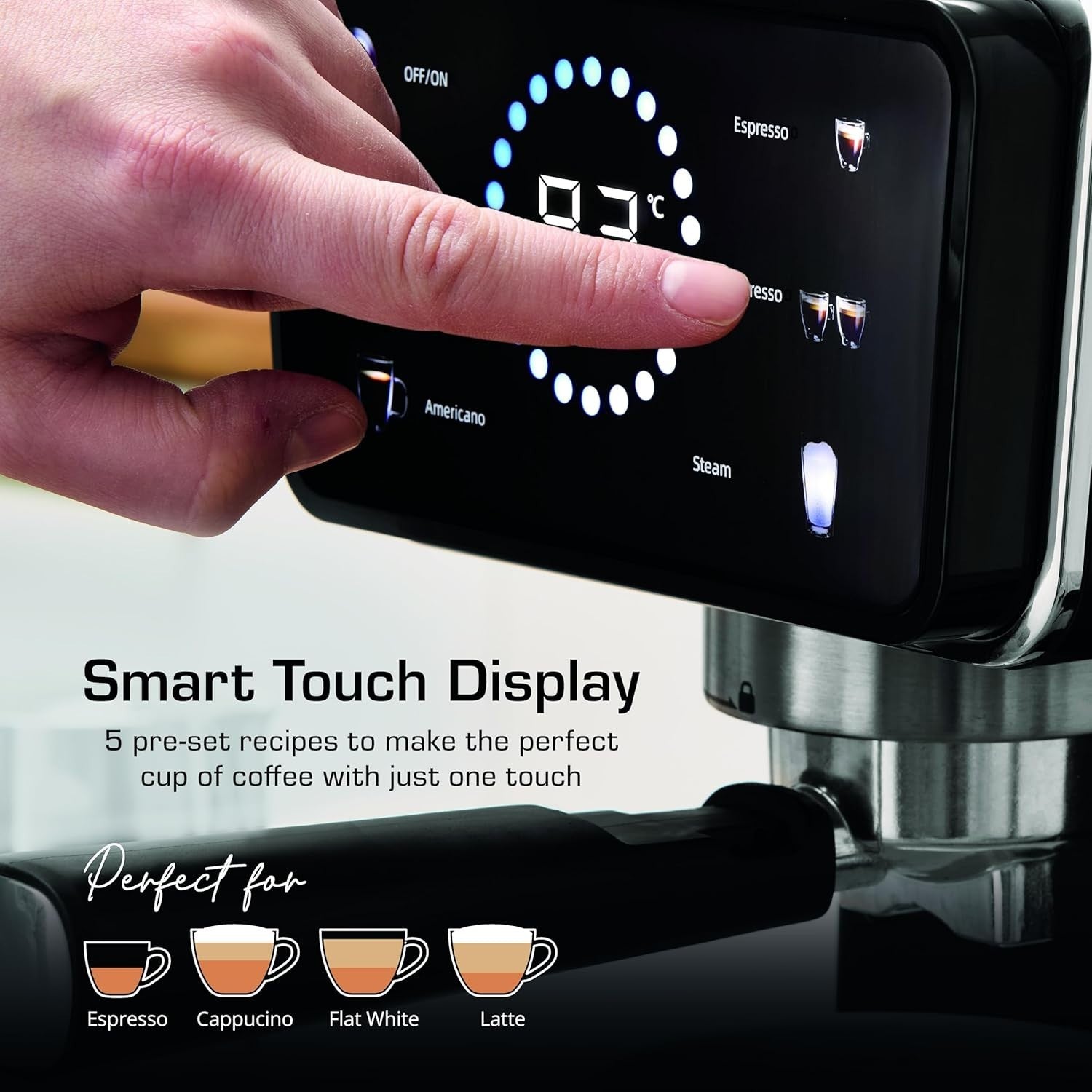 Digital Espresso Coffee Machine 20 Bar Pump Milk Frother Touch Controls 1.5L