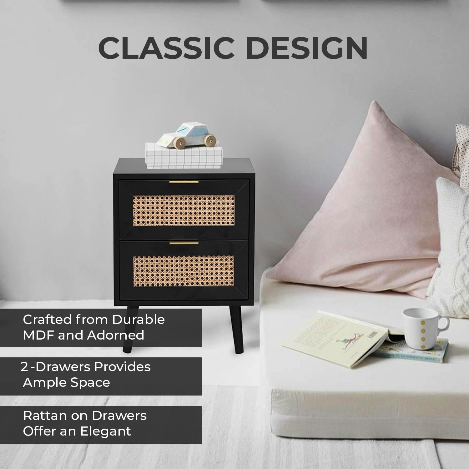 Modern Black Rattan Bedside Table with 2 Drawers Wooden Nightstand