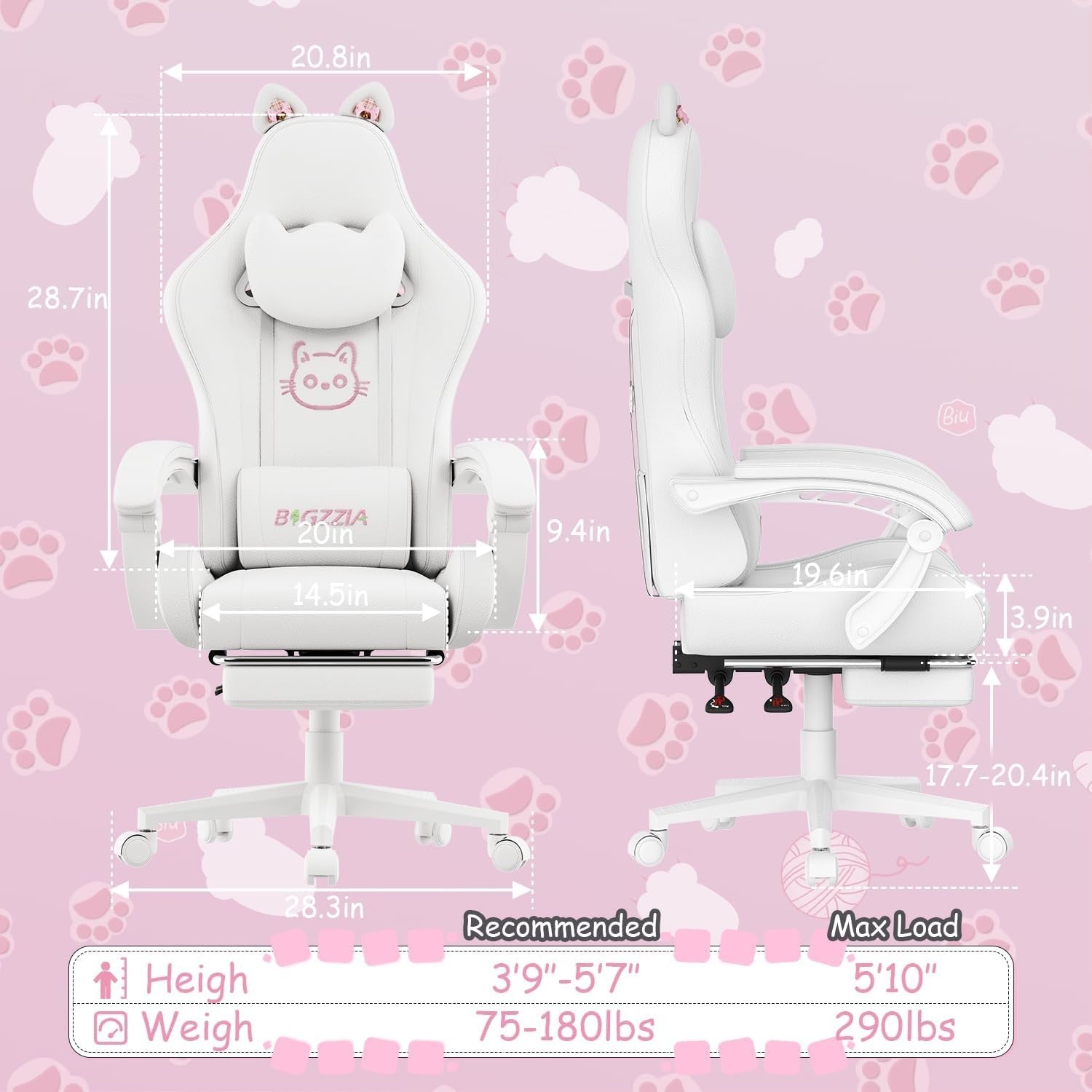 Cute Gaming Chair Cat Ears Massage Footrest White