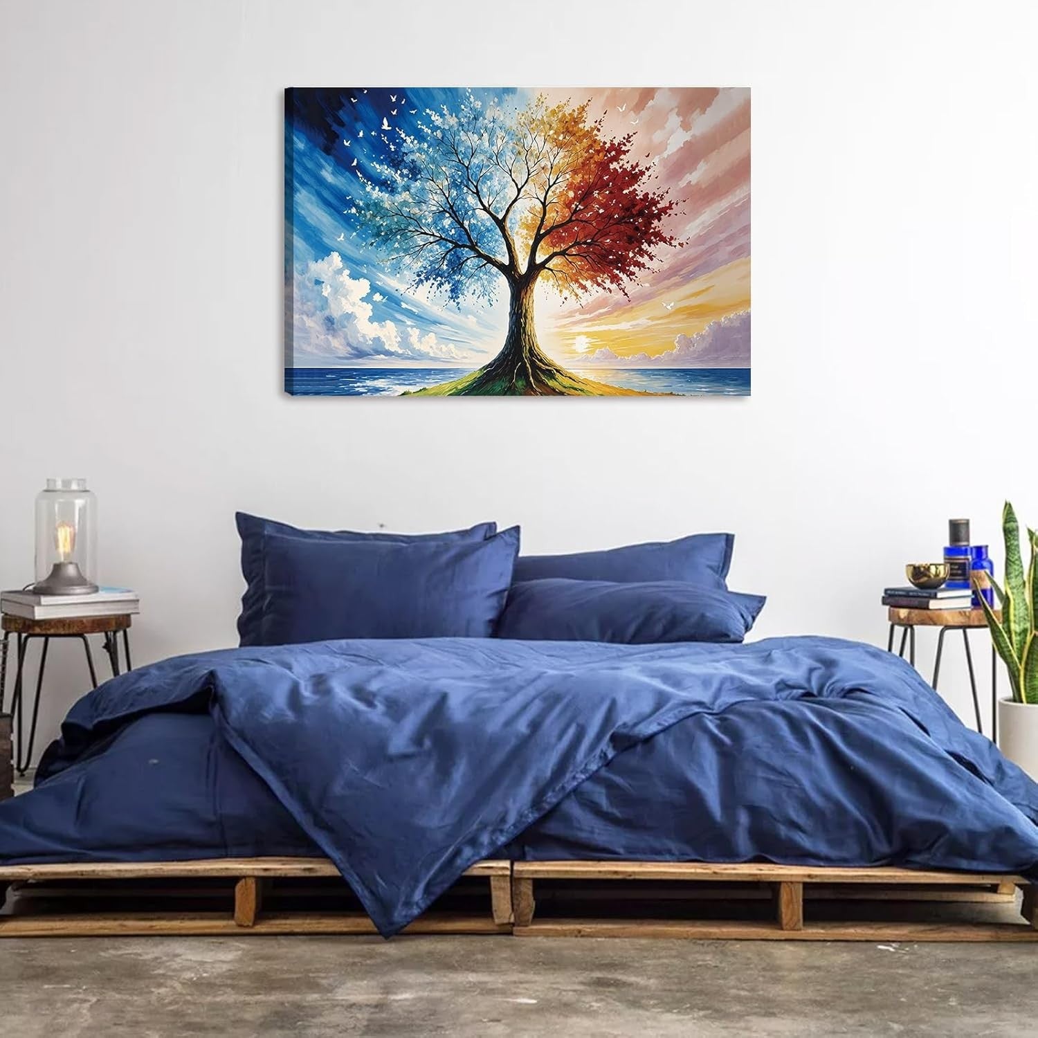 CHDITB Abstract Tree of Live Wall Art,Blue Yellow Tree Canvas Prints Poster,Natu