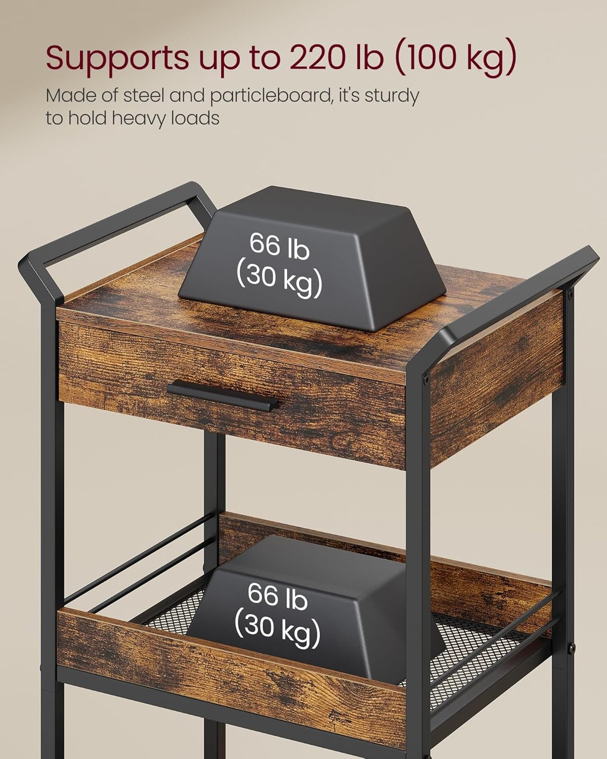 3 Tier Storage Trolley Rolling Cart with Drawer Table Top Mesh Shelves Wheels
