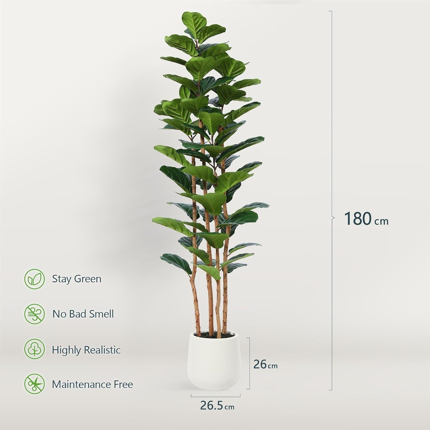180cm Tall Artificial Fiddle Leaf Fig Tree in White Pot Faux Indoor Plant Decor