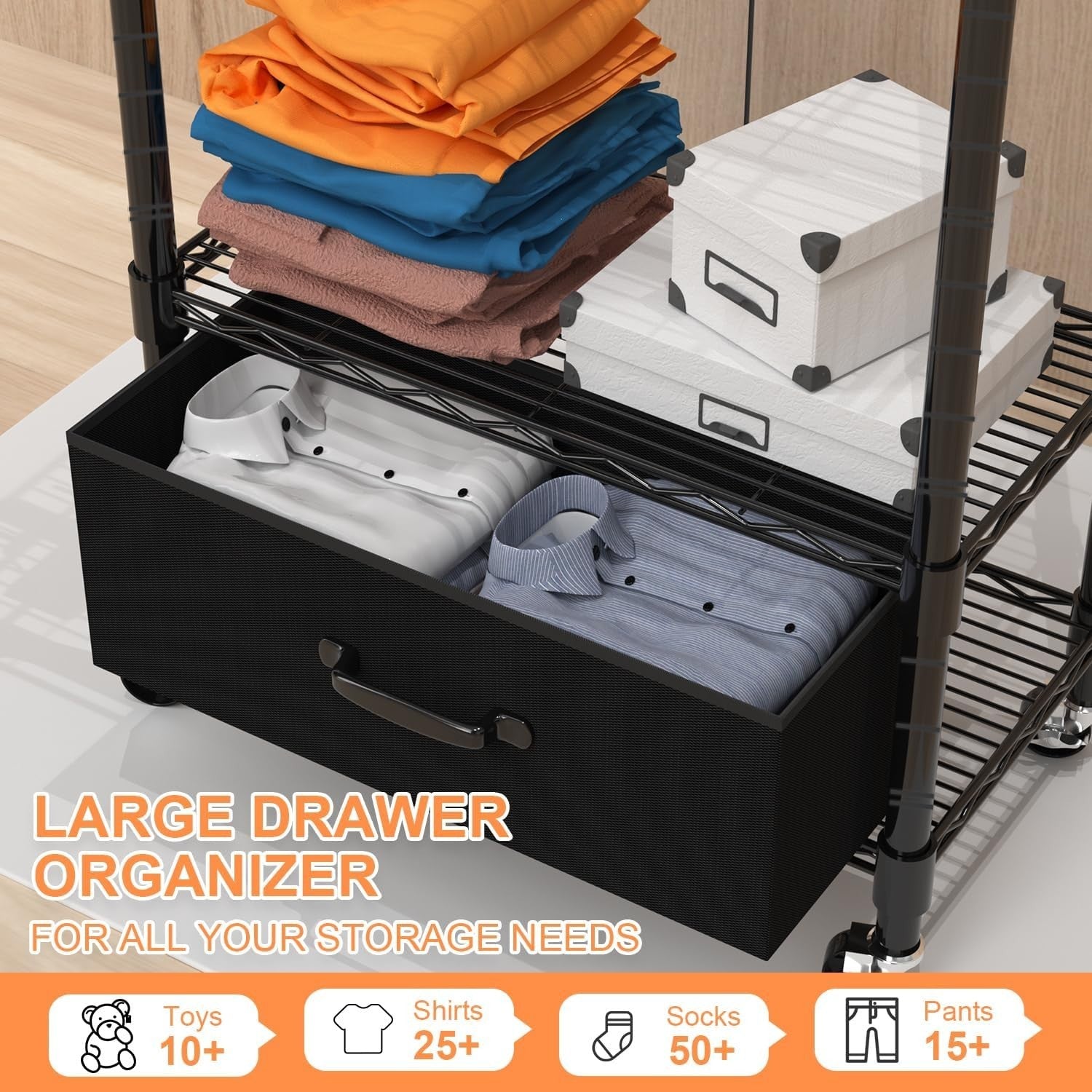 4-Tier Adjustable Clothes Rail with Drawer & Hooks – Black 200cm