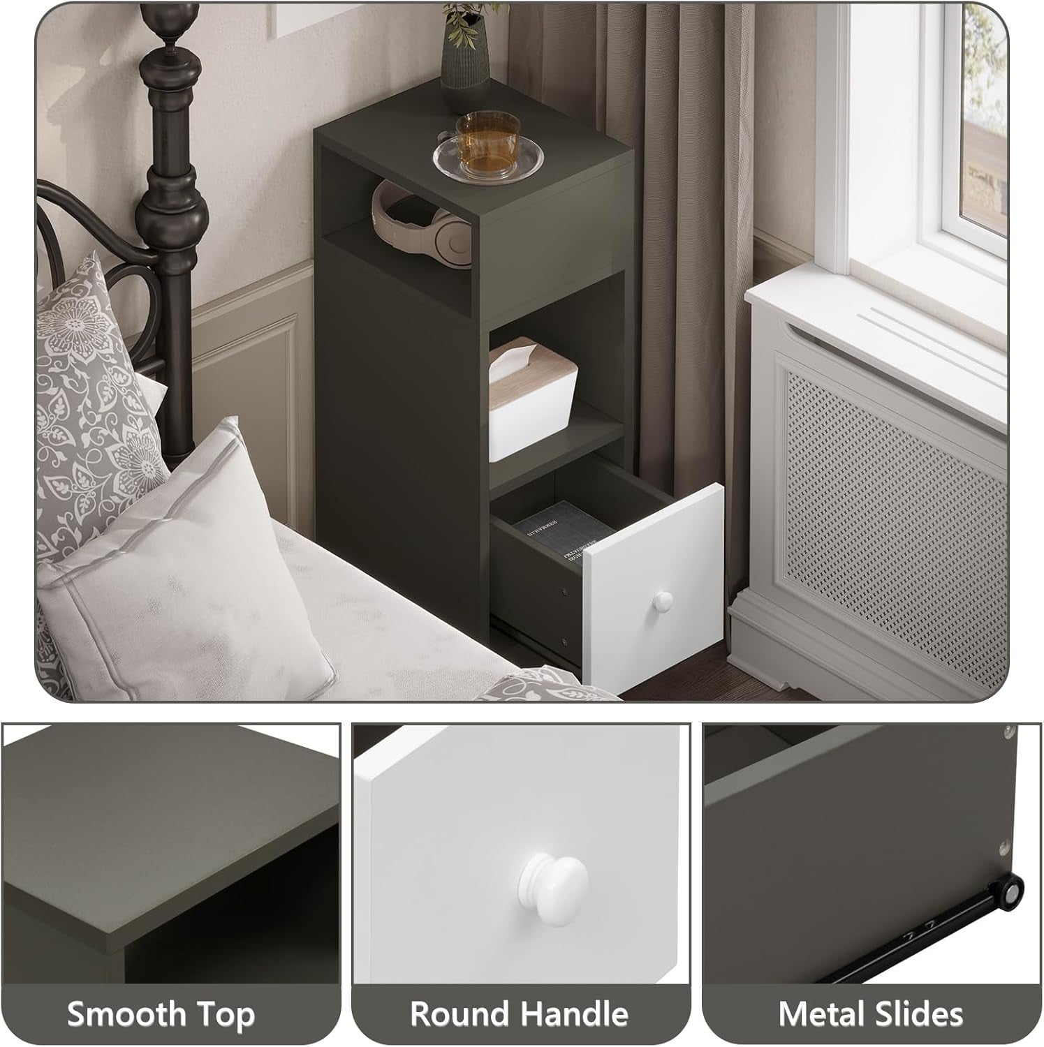 Set of 2 Slim Dark Grey Bedside Tables with Drawer & Open Shelves 25x30x66cm