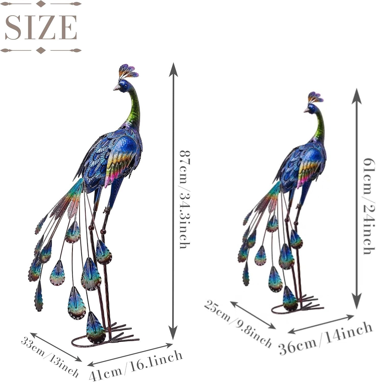 24" Metal Peacock Garden Statue – Outdoor Yard Lawn Ornament Bird Art Sculpture