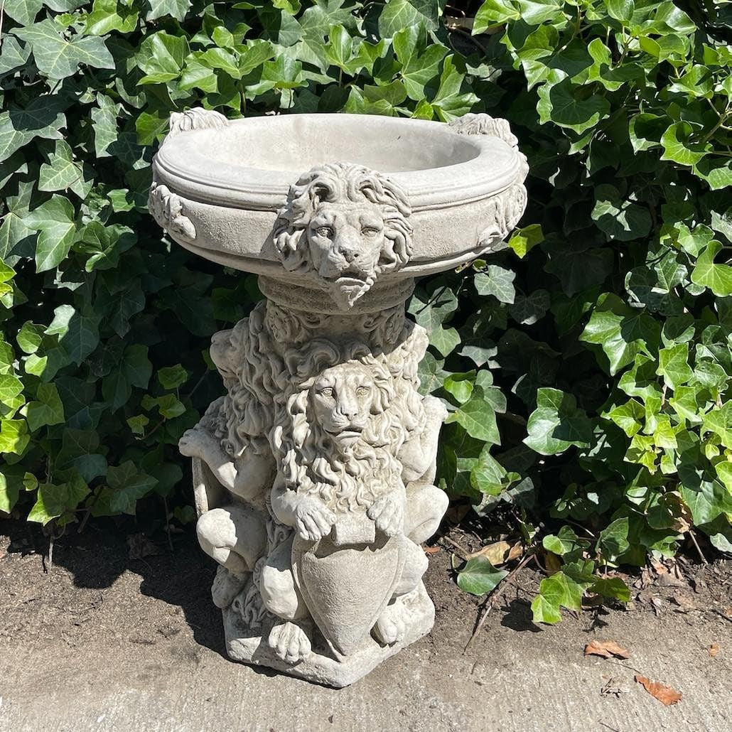 Regal Stone Bird Bath Statue Three Lions Cast Garden Ornament Outdoor
