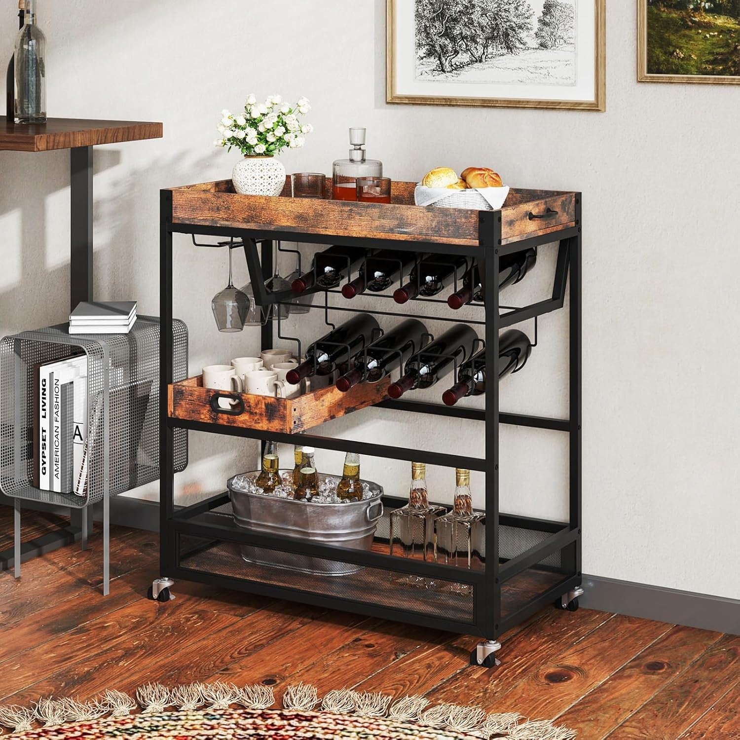 3 Tier Serving Trolley Bar Cart on Wheels with Wine Rack Glass Holder Tray
