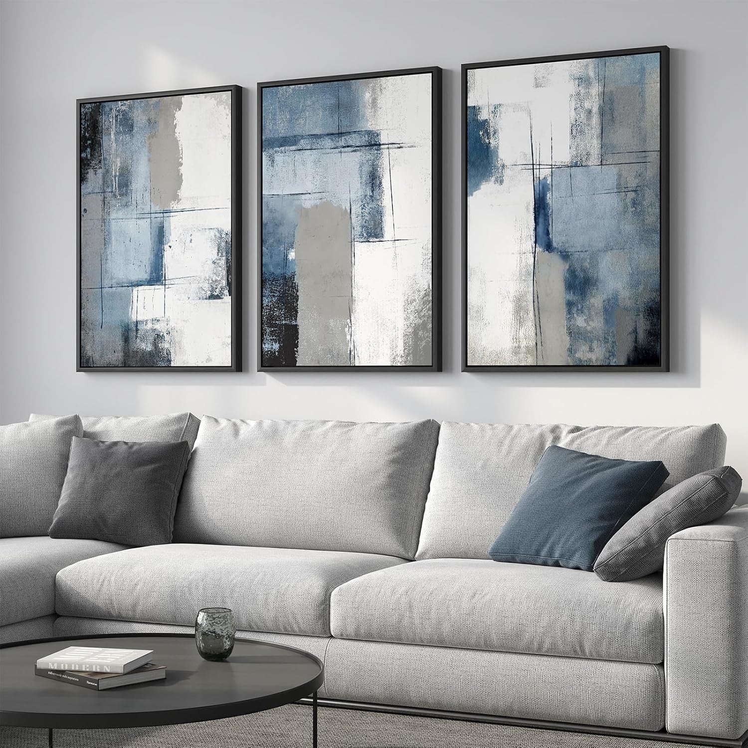 3-Piece Navy Blue & Grey Abstract Canvas – Large Modern Wall Art 24x36in