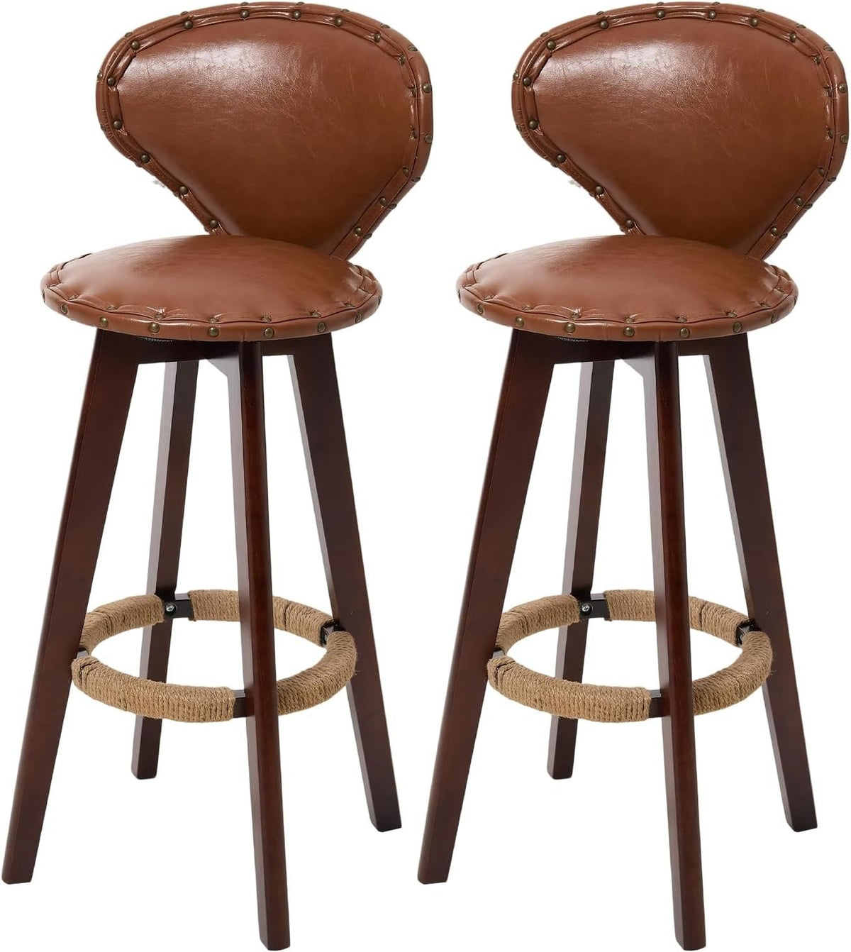 Swivel Bar Stools 2pcs Brown Faux Leather High Counter Kitchen Chairs