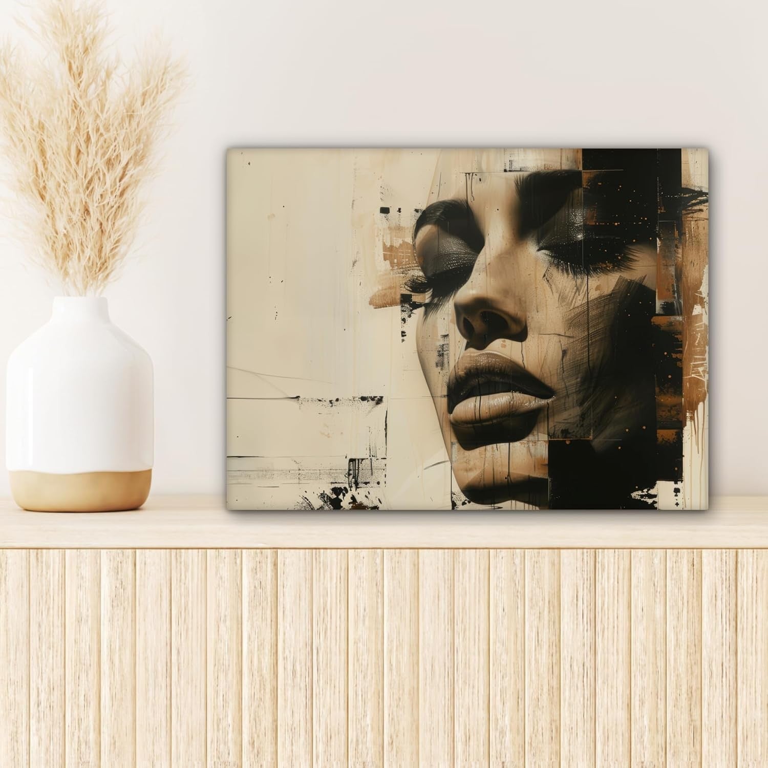 Abstract Woman Canvas Wall Art 40x30cm Modern Beige Framed Print