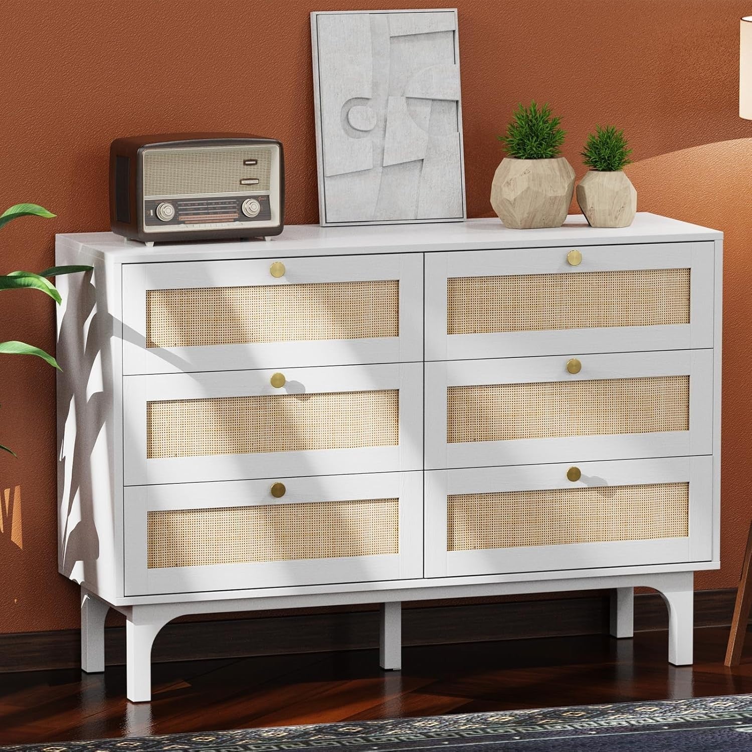 White 6 Drawer Rattan Chest – Sturdy Storage Cabinet for Bedroom & Living Room