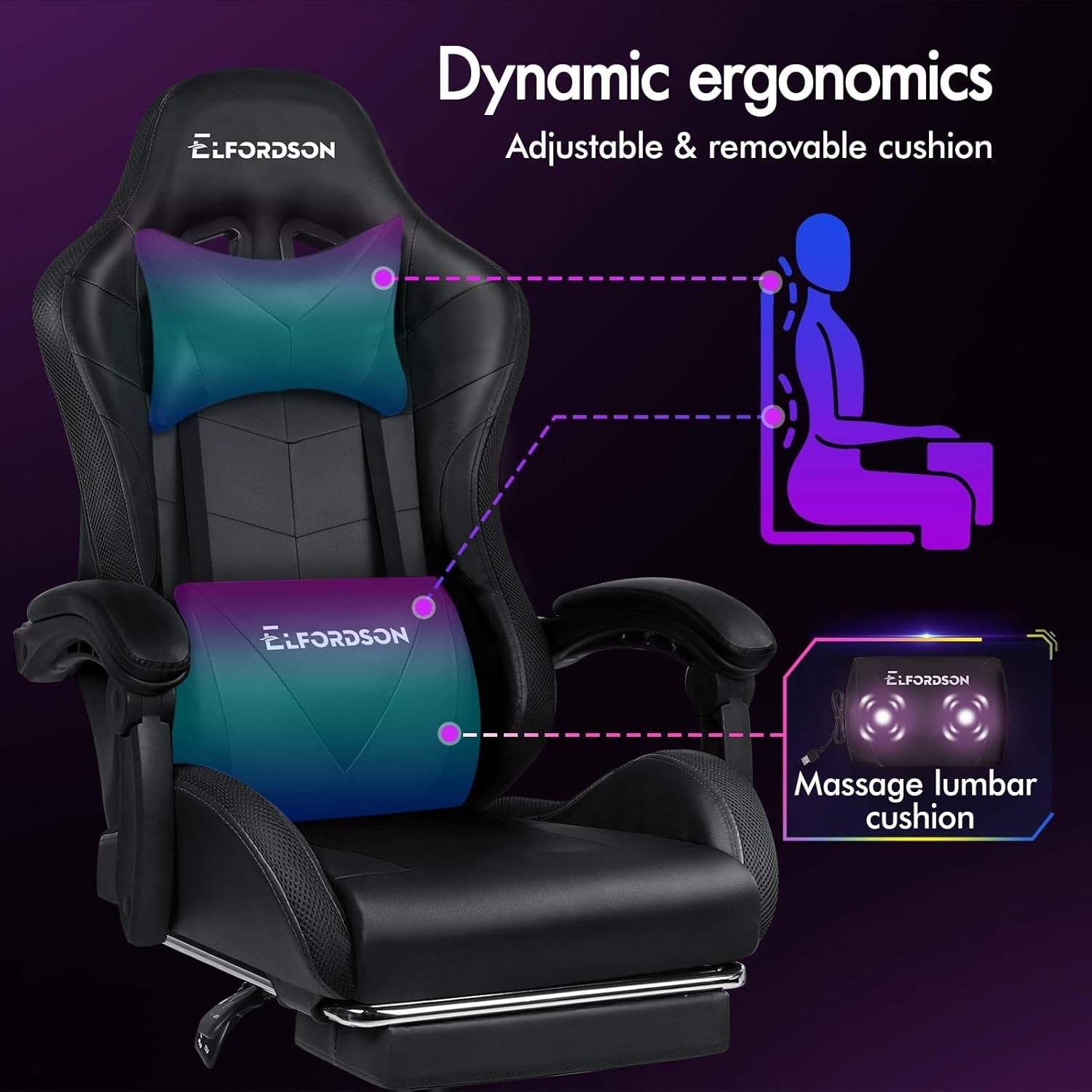 LED Gaming Chair Massage RGB Recliner with Footrest PU Leather