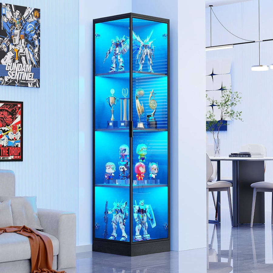 Tall LED Corner Display Cabinet 4-Tier Glass Showcase Unit with Sensor Lighting