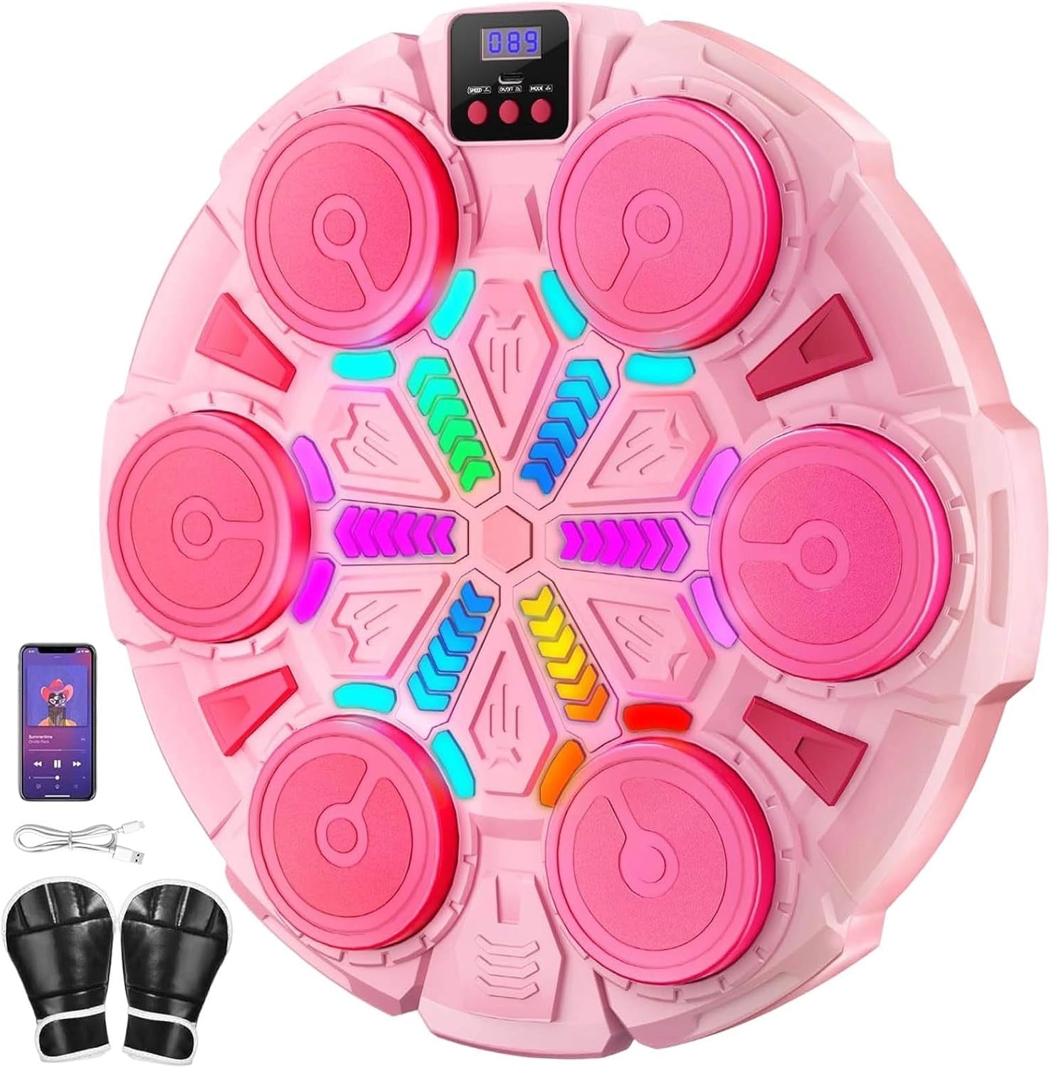 Music Boxing Machine Pink RGB LED Wall Punch Trainer 15 Modes Gloves