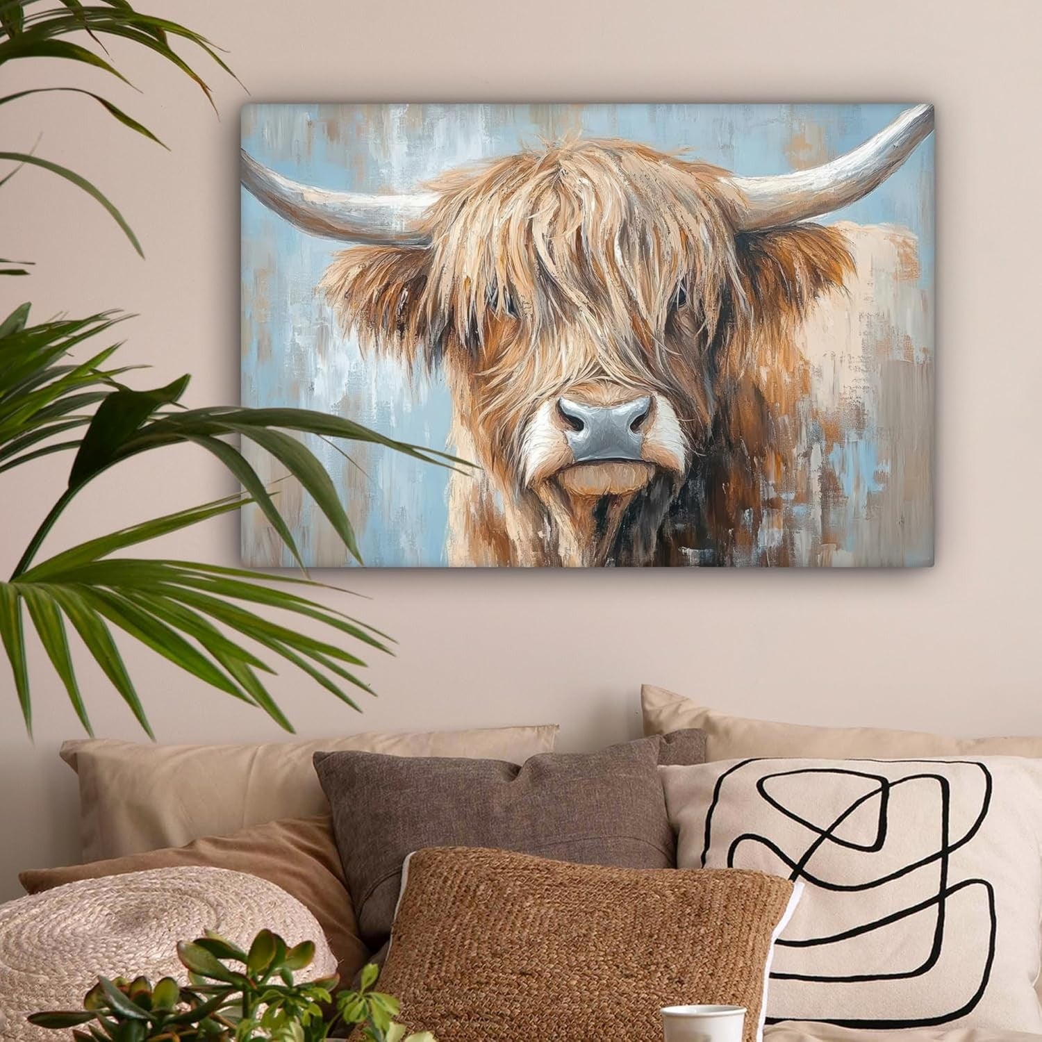 Highland Cow Canvas Wall Art 60x40cm Framed Rustic Farmhouse