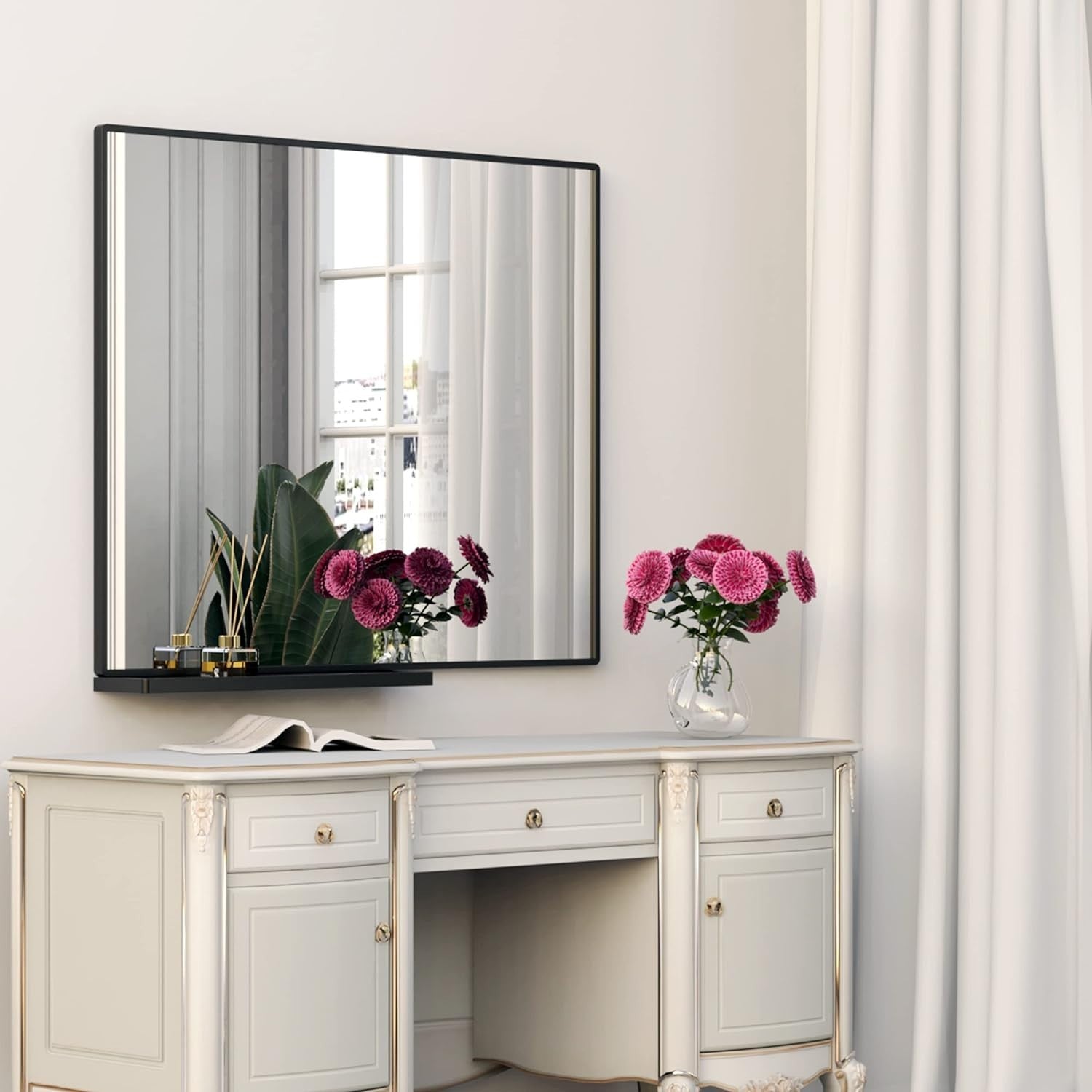 Black Bathroom Wall Mirror with Shelf 91x78cm | Modern, Anti-Fog, Easy Mount