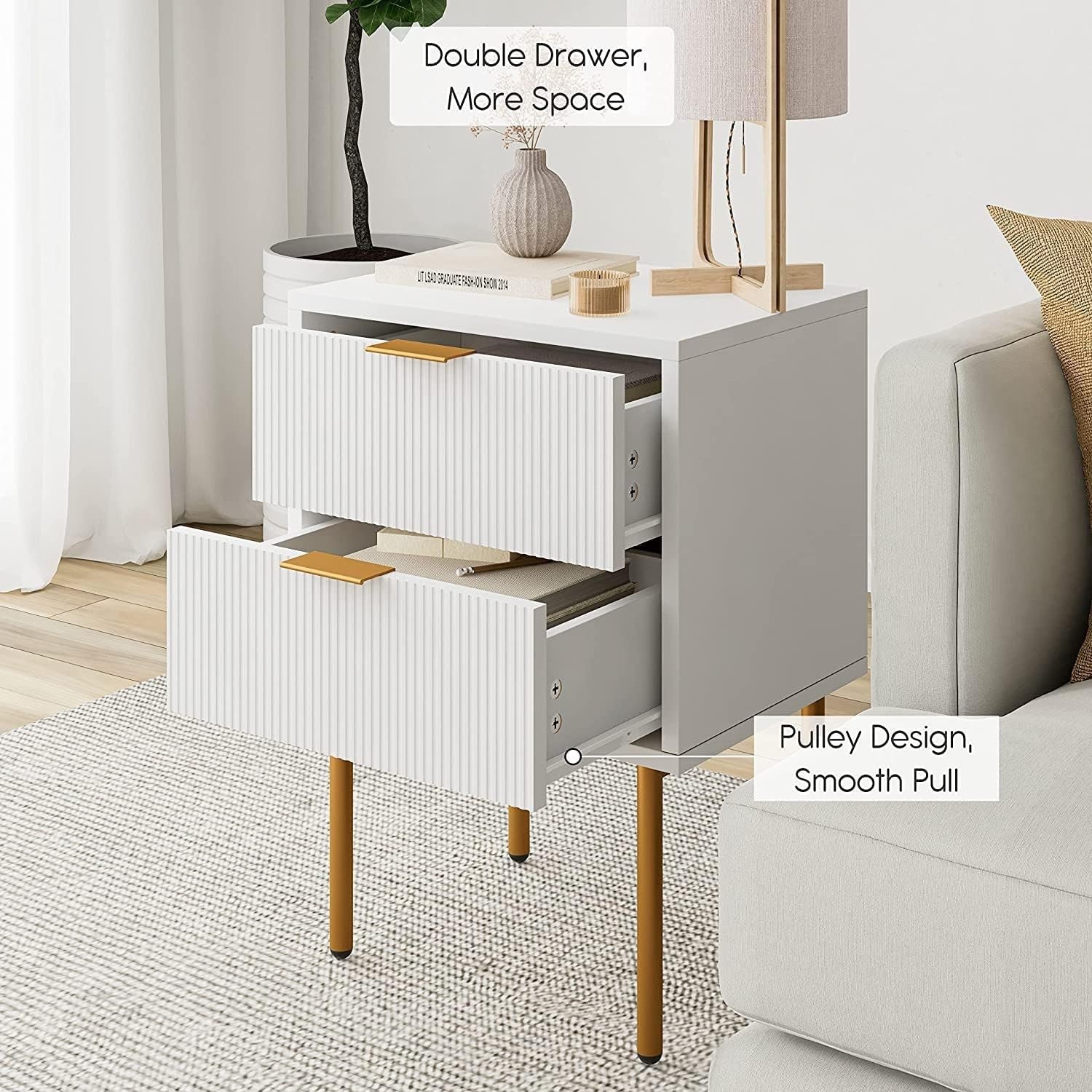 White Bedside Table with 2 Drawers & Gold Legs | Modern Wooden Nightstand
