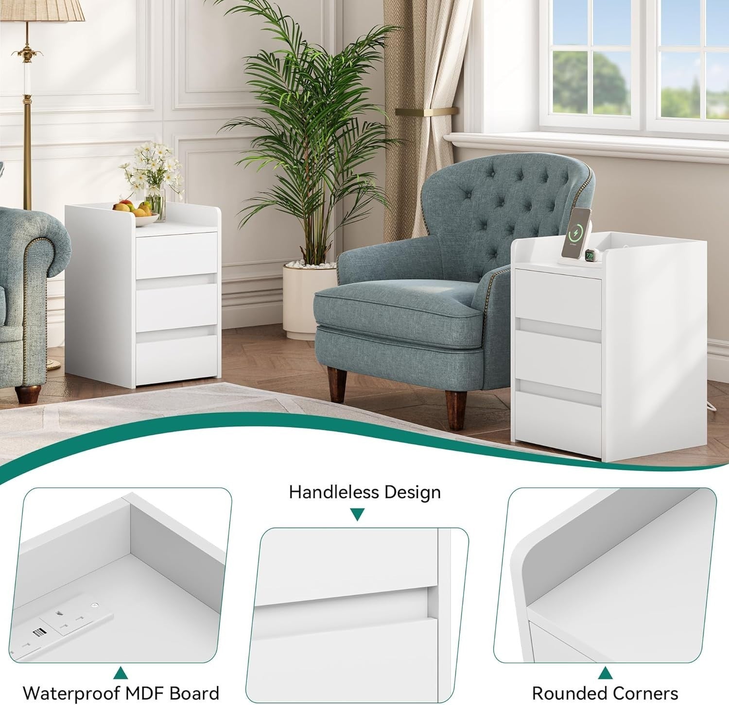 White 3 Drawer Bedside Table – Modern Minimalist Nightstand with USB Ports