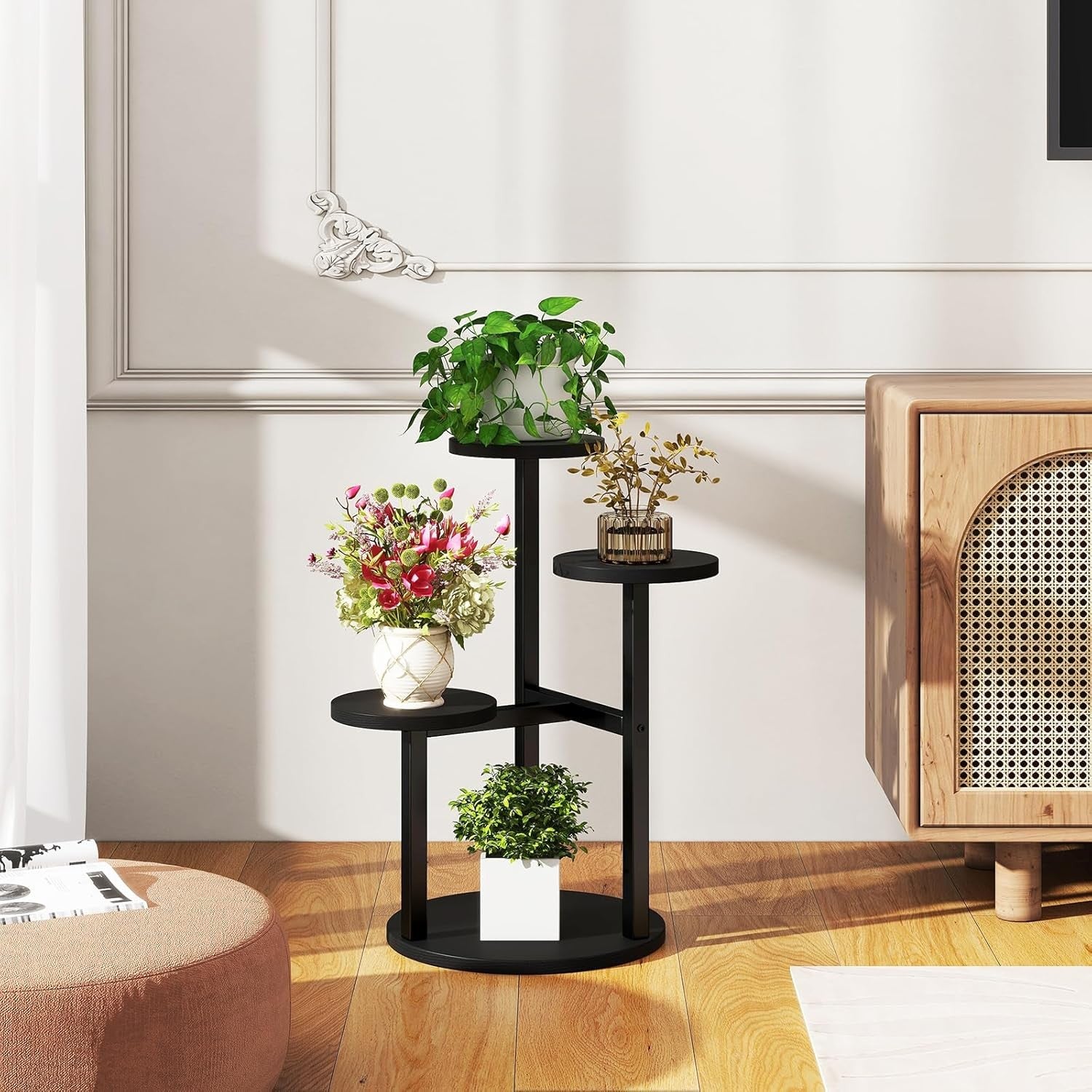 4 Tier Black Metal Wood Plant Stand | Modern Indoor Corner Flower Pot Shelf