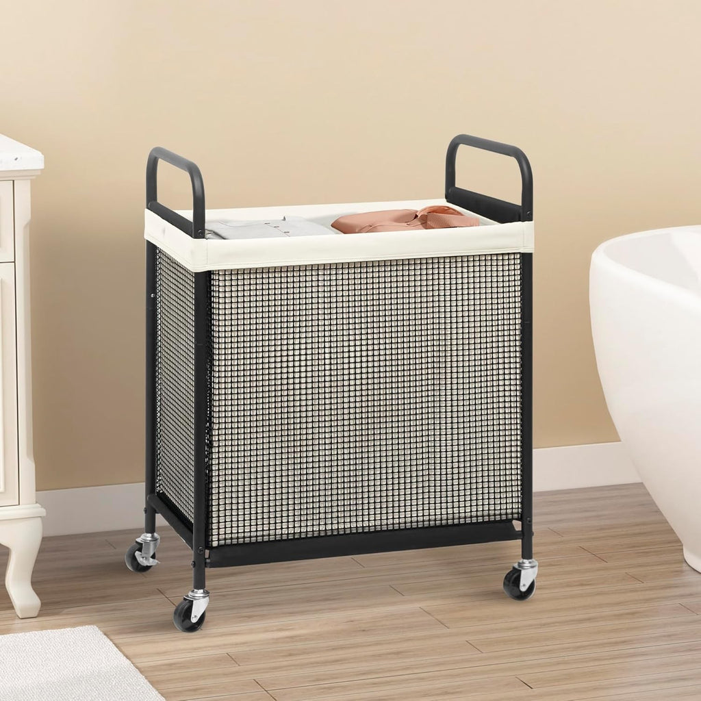 100L 2-Section Rolling Laundry Hamper | Removable Bags | Beige Laundry Cart Whee