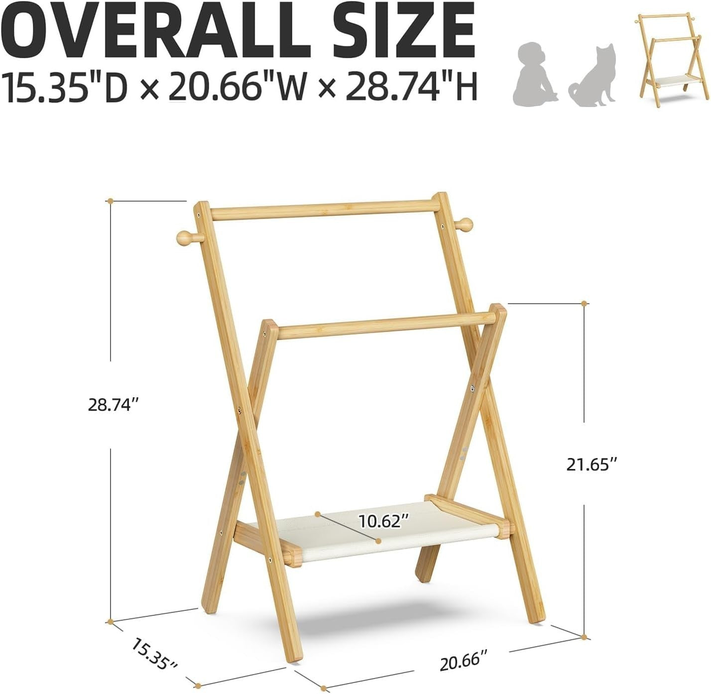 Baby Clothes Rack with Double Rods and Shelf, Natural Bamboo, Free-Standing