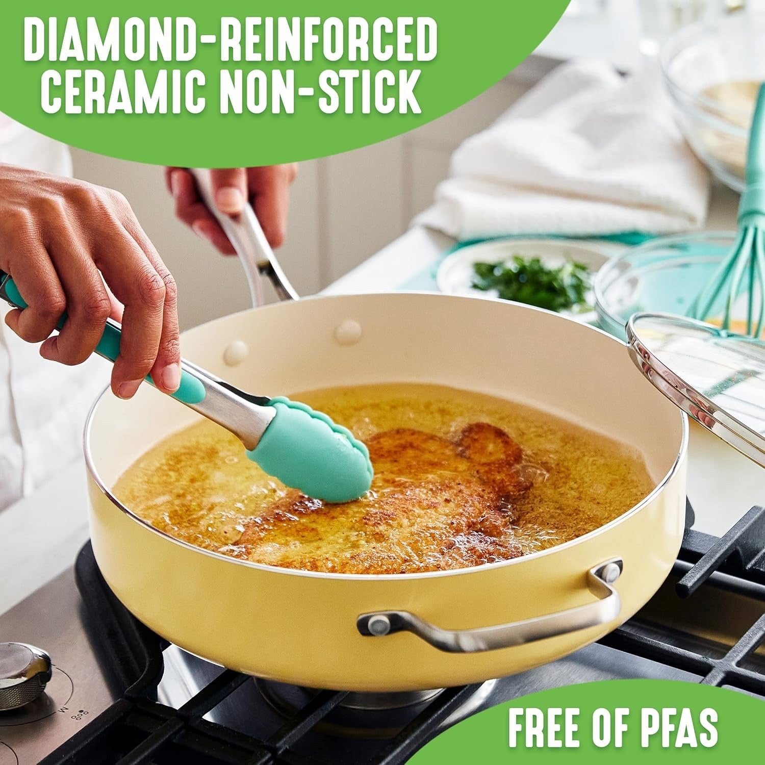 30cm Yellow Ceramic Saute Pan Non Stick 4.8L With Lid Induction PFAS Free