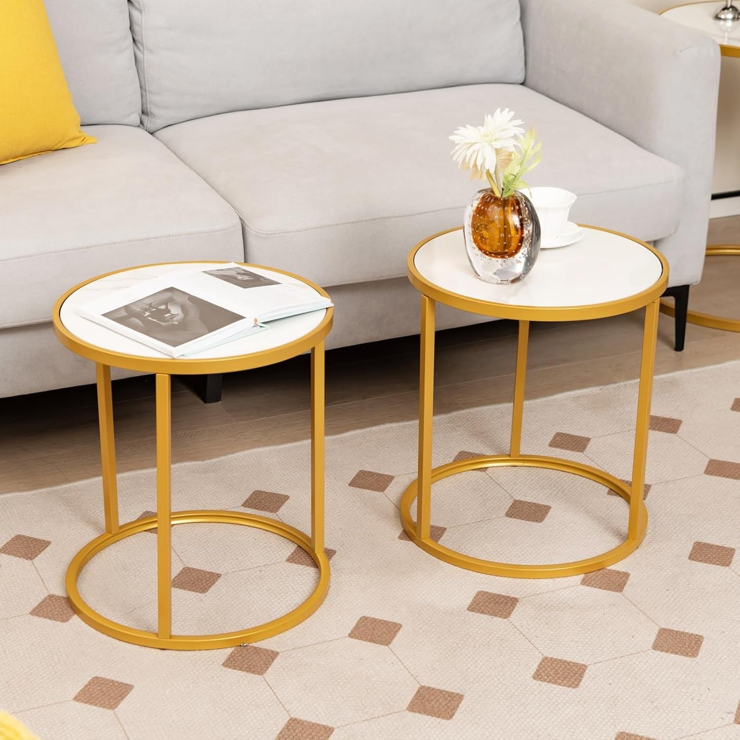 Luxury Marble Top Side Tables Set of 2 – Round Gold Metal Frame Small End Tables