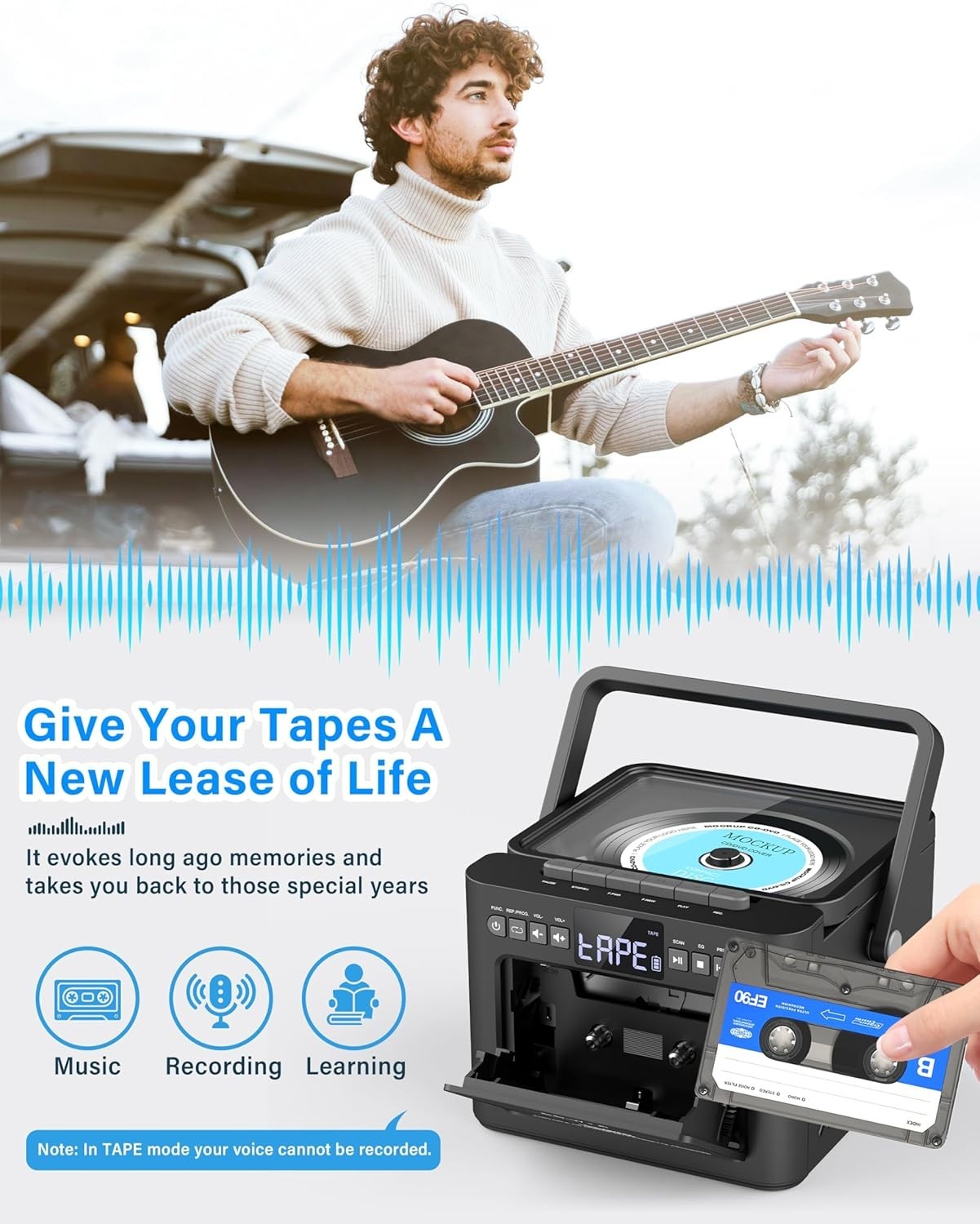 Portable CD Player Boombox Cassette Bluetooth FM USB TF AUX Remote