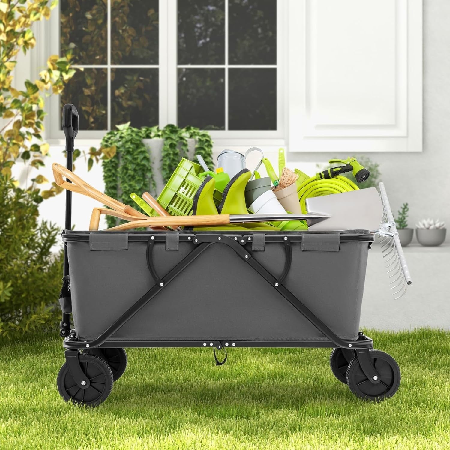 Grey Folding Garden Trolley Cart 170L Collapsible Wagon w/ Adjustable Handle