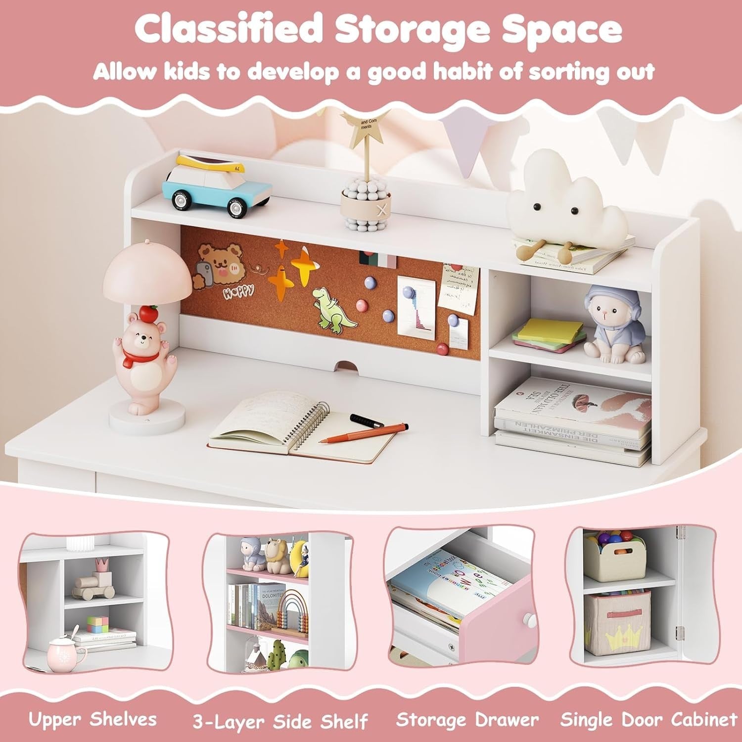 Kids Study Desk and Chair Set Wooden Writing Table Storage Shelves Drawer Pink
